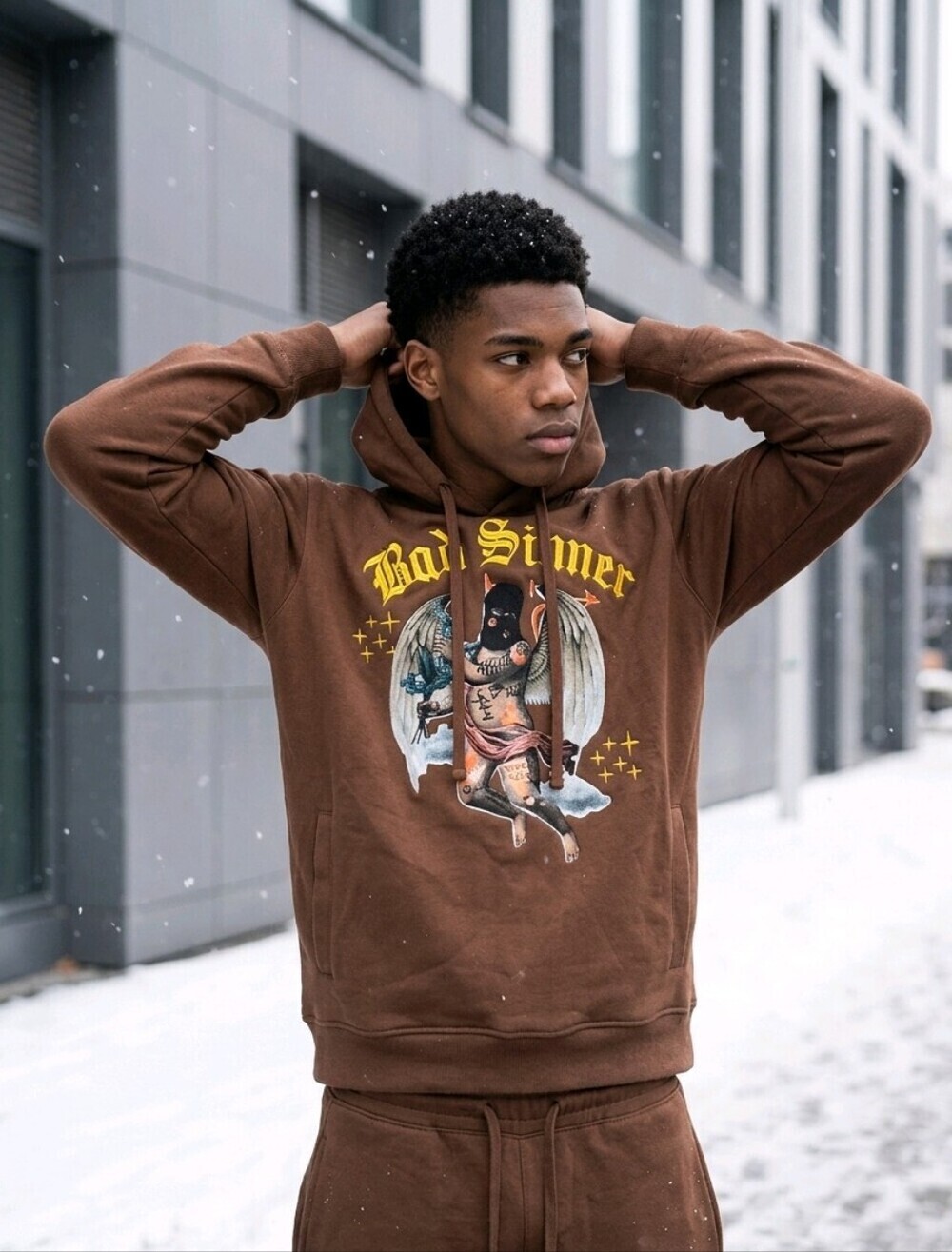 NWT Rebel Minds Bad Sinner Embroidered Brown Graphic Hoodie - Sweatshirt Size M